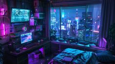 a bedroom with purple lighting and cityscape in the background