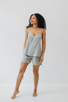 "Linen pajama set made from 100% pure linen. Stone washed linen sleep wear set will be a perfect addition to your loungewear collection. Cross back strap top will give a playful and elegant touch while elastic waist shorts will keep set comfortable. Incredibly soft linen pajama set Bilbao will make your morning routines even more enjoyable.  Top and shorts set Bilbao Details: - Strap top - Crossed back straps - Shorts with elastic waistband  - Handmade from high quality European linen - Designed Linen Sleepwear For Spring, Summer Linen Sleepwear For Pajama Party, Gray Pajama Shorts For Summer Loungewear, Summer Linen Pajama Shorts For Loungewear, Spring Linen Sleepwear For Loungewear, Spring Linen Loungewear Sleepwear, Linen Sleepwear For Beach, Summer Linen Sleep Tops, Linen Pajama Shorts For Loungewear