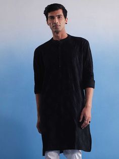 SHVAAS By VASTRAMAY Men's Black Hakooba Cotton Kurta Black Kurta, Cotton Kurta, Top Fabric, White Pants, Mandarin Collar, Classic Black, Cotton Material, Knee Length, Long Sleeves