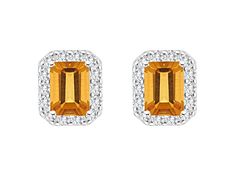 8x6mm emerald cut citrine and round white topaz rhodium over sterling silver halo stud earrings. Measures approximately 0.48" L x 0.40" W and have post with friction backings. Classic Rectangular Topaz Jewelry, Emerald Cut Topaz Birthstone Jewelry, Classic Topaz Birthstone Jewelry, Classic Emerald Cut Topaz Jewelry, Anniversary Citrine Jewelry In Baguette Cut, Anniversary Citrine Baguette Cut Jewelry, Emerald Cut Topaz Gemstone Jewelry, Emerald Cut Citrine Gemstone Jewelry, Classic Cubic Zirconia Jewelry With Gemstone Accents