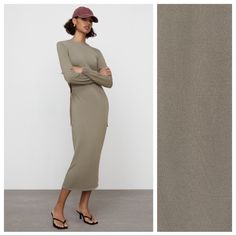 Nwt. Zara Taupe Grey Knit Midi Dress With Side Slits, Round Neckline, Long Sleeves. Size M. Ref. 4331/019. Pit To Pit 18" Flat, Shoulders 15", Sleeves 25,5", Waist 14,5", Length 54". 1058 Beige Midi Dress With Side Slits, Casual Long Midi Dress With Side Slits, Summer Long Sleeve Ribbed Midi Dress, Solid Color Spring Dress With Split Hem, Casual Stretch Beige Midi Dress, Casual Bodycon Midi Dress With Side Slits, Fitted Khaki Midi Dress For Fall, Casual Stretch Dress With Split Hem, Spring Khaki Stretch Dress