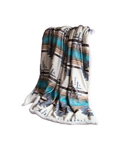 an image of a blanket that is folded up on a white background with blue and brown stripes