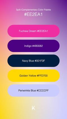 Split–Complementary Color Palette Fuchsia Dream #EE2EA1 · Indigo #4B0082 · Navy Blue #001F3F · Golden Yellow #FFD700 · Periwinkle Blue #CCCCFF Complementary Color Palette, Split Complementary, Split Complementary Colors, Shadow Color, Palette Ideas, Hex Colors, Periwinkle Blue, Complementary Colors