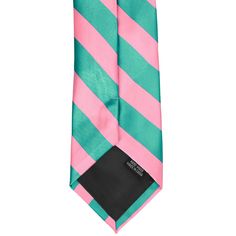 Check out the fun color combination on this striped necktie! Mermaid (a bright blue-green) blends splendidly with pink for a tropical island feel. Wear it for a classy poolside party in the summer or for a fun splash of color on your wedding day. Either way, you're sure to get noticed is this cheeky combination! This tie is a regular length and width, so it's sized for most adults. The stripes have a collegiate feel at 0.75-inches wide. The material is heavyweight and durable while the fabric fe Elegant Pink Summer Ties, Pink Fitted Standard Tie, Poolside Party, Striped Tie, Matching Accessories, Pink Stripes, Bright Blue, Ties Mens, On Your Wedding Day