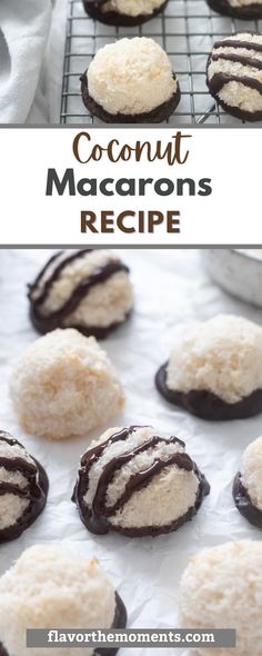 chocolate covered coconut macarons on a cooling rack with the words coconut macaroons recipe