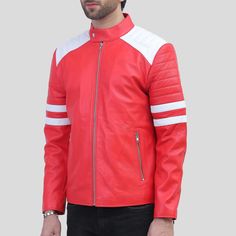 Red Leather Motorcycle Jacket with White Stripes: Biker Jacket Motorcycle Outfit Red Biker Outerwear For Outdoor, Red Fitted Outerwear For Motorcycling, Red Winter Biker Jacket, Red Motorcycling Outerwear For Fall, Red Motorcycle Outerwear For Fall, Red Moto Outerwear For Winter, Red Leather Long Sleeve Jacket For Motorcycling, Red Long Sleeve Moto Outerwear, Red Casual Biker Jacket For Winter