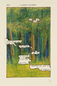 an image of a painting with trees in the background and some words written on it