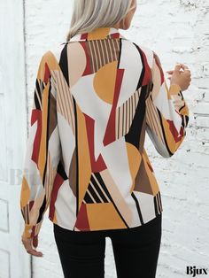 Bjux - Professional Womens Long Sleeve Button Front Shirt with Geo Print - Ideal for Casual Wear and the Office Collared Abstract Print Top For Work, Collared Tops With Abstract Print For Work, Multicolor Long Sleeve Tops For Office, Graphic Print Office Blouse For Fall, Graphic Print Blouse For Office In Fall, Multicolor Button-up Tops For Workwear, Multicolor Button-up Tops For Work, Fall Office Blouse With Graphic Print, Casual Multicolor Tops For Office