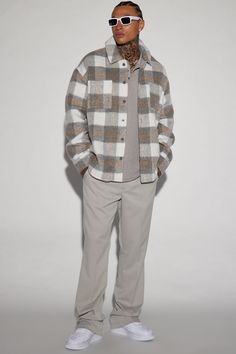 Model Height: 6'2 - Wearing Large Big & Tall: Height 6'3- Wearing XXXL Available In Tan/Multi. Fold Down Collar Long Sleeve Front Button Closure Plaid Print Disclaimer: Plaid Placement Will Vary 90% Polyester 10% Wool Imported | Mens Move Up Plaid Shacket in Grey size XL by Fashion Nova Search By Photo, Tall Height, Plaid Shacket, Plaid Print, Big & Tall, Model Height, Swim Shorts, Everyday Essentials Products, Fashion Nova