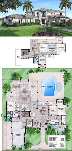 two story house plans with pool in the middle and an open floor plan on top