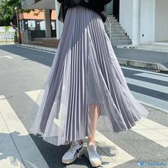 Orcajump - Lustrous Silk Midi Dress with Chiffon Patchwork and Pleated A-line Skirt, featuring High-waisted Design and Floor-length Chiffon Pleated Skirt, Tulle Skirts Outfit, Tulle Long Skirt, High Waist Long Skirt, Elastic Skirt, Dress Booties, Silk Midi Skirt, Cheap Skirts, Tulle Skirts