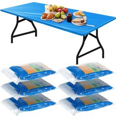 six bags of food sitting on top of a blue table