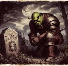 a painting of a man in armor kneeling next to a tombstone with a green face