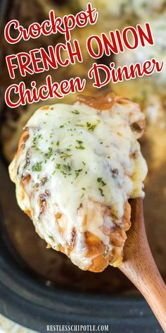 crockpot french onion chicken dinner on a wooden spoon