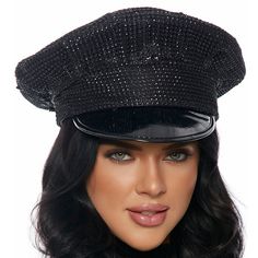 Bling Patrol Style Cop Hat With Rhinestone Overlay And Vinyl Brim. Black. This Is A Rigid, Non-Collapsible, Non-Adjustable Hat. Measures About: 6" High, 10" Diameter Top Of Hat, And 22-1/2" Circumference Around The Inside Of The Head Opening. Inside Does Have A Little Bit Of Stretch To It If Needed. Please Note: Due To Storage And Transit, Hat May Need To Be Gently Reshaped On Arrival. New In Package. Great For Halloween Costumes, Parties, Raves, Festivals Or Role Play In The Bedroom! Black Brimmed Hat With Rhinestones, Trendy Party Visor Hat, Black Hat With Rhinestones For Evening, Adjustable Black Hats With Rhinestones, Adjustable Black Hat With Rhinestones, Black Evening Hat With Rhinestones, Black Evening Hats With Rhinestones, Elegant Black Visor Hat, Trendy Party Hats With Rhinestones