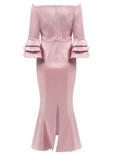 Elegant Ruffled Mermaid Dress For Evening, Elegant Evening Mermaid Dress With Ruffles, Pink Elegant Long Sleeve Mermaid Dress, Pink Long Sleeve Elegant Mermaid Dress, Elegant Pink Long Sleeve Mermaid Dress, Elegant Long Sleeve Pink Mermaid Dress, Elegant Evening Dress With Ruffles And Mermaid Hem, Elegant Fishtail Evening Dress With Ruffles, Elegant Pink Mermaid Hem Dress