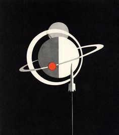 an image of a black and white painting with red ball in the space between two circles