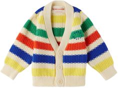 Knit organic cotton cardigan. Stripes throughout. · Rib knit Y-neck, hem, and cuffs · Button closure · Logo printed at chest · Machine-wash Supplier color: Multi Bobo Choses Size : child's height 3M: 23.5 / 59.7 cm 6M: 26.5 / 67.3 cm 9M: 28 / 71.1 cm 12M: 29.5 / 74.9 cm 18M: 32 / 81.3 cm 24M: 34 / 86.4 cm Playful Cotton Knitted Cardigan, Playful Knitted Cotton Cardigan, Multicolor Cotton Cardigan With Buttons, Multicolor Knit Cardigan With Button Closure, Chest Machine, Cotton Cardigan, Striped Cardigan, Home Products, Kids Clothing