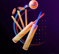 an image of some baseball bats and ball on a purple background with neon lights in the dark