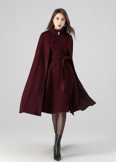 Burgundy Swing Cloak Coat, Winter Wool Cape Coat Women, Long Wool Cape With Stand Collar, Fall Cape Coat, Plus Size Wool Cape, Xiaolizi 4518 - Etsy Japan Cloak With Fur Collar, Women Standing Reference, Winter Cape Outfit, Cape Coats For Women, Cape Outfit Winter, Cloaked Woman, Vintage Cottagecore Outfits, Quilted Cape, Cloak Fashion