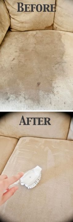 before and after image of cleaning couches with microfibres on the back