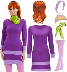 a woman with red hair is wearing a purple dress and green bow neck scarf while standing in front of a mannequin