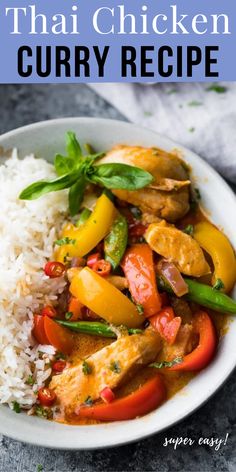 thai chicken curry recipe in a white bowl with rice