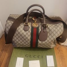 Still Like New Condition, Used Few Times Biege/Ebony Gg Supreme Canvas Brown Leather Trim Green & Red Web Zipper Closure Detachable Adjustable Shoulder Size - Medium 17.5" W X H 16.5" X 9.5" D 45mm Red Web, Gucci Ophidia, Leather Trim, Womens Tote Bags, Vintage Gucci, Leather Trims, Duffle Bag, Brown Leather, Like New