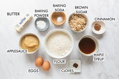 an image of ingredients for baking on the counter top with names in english and spanish