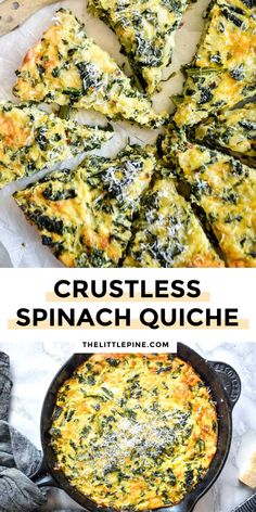 spinach quiche in a cast iron skillet with text overlay that reads, crustless spinach quiche