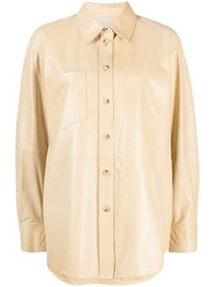 butter yellow lambskin classic collar front button fastening long sleeves buttoned cuffs two chest patch pockets curved hem Bubble Shirt, Curved Hem Shirt, Butter Yellow, Shirt Cuff, Leather Shirt, Hem Style, Helmut Lang, Silk Shirt, Collar Shirts