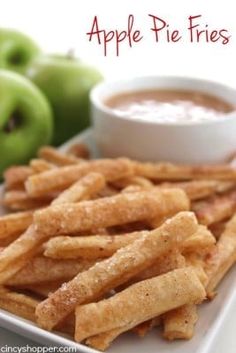 apple pie fries on a white plate with apples in the background and text overlay