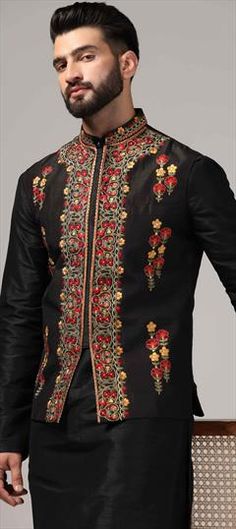 Black and Grey color Nehru Jacket in Raw Silk fabric with Aari, Embroidered, Resham work Luxury Designer Raw Silk Nehru Jacket, Luxury Raw Silk Nehru Jacket With Floral Embroidery, Luxury Nehru Jacket With Printed Motifs For Festivals, Luxury Black Embroidered Nehru Jacket, Luxury Designer Brocade Nehru Jacket, Luxury Bollywood Style Multicolor Nehru Jacket, Luxury Multicolor Nehru Jacket With Long Sleeves, Luxury Black Traditional Nehru Jacket, Luxury Multicolor Bollywood Nehru Jacket