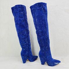 Vegas Blue Rhinestone Over the Knee Thigh boots 4.25" Heels Party Boots | Totally Wicked Footwear Rhinestone Knee-high Boots For Winter Parties, Winter Party Knee-high Boots With Rhinestones, Blue Rhinestone Boots With Pointed Toe, Blue Rhinestone Pointed Toe Boots, Blue Pointed Toe Boots With Rhinestones, Rhinestone Knee-high Boots For Party, High Heel Knee-high Boots With Rhinestones For Party, Blue Party Boots With Rhinestones, Blue High Heel Boots With Rhinestones