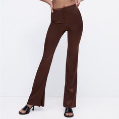 96% Viscose 4% Elastane Made In Turkey Brown Wide-leg Elastane Pants, Zara Stretch Straight Pants, Zara Non-stretch Straight Leg Bottoms, High Waist Brown Elastane Bottoms, Zara Wide Leg Fitted Dress Pants, Zara Fitted Wide Leg Dress Pants, Brown Wide Leg Pants For Night Out, Zara Stretch Wide Leg Dress Pants, Zara Fitted Straight Leg Bottoms