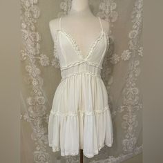 Such A Romantic White Dress For Bridal Events Or Vacation! Size M, Oversized Fit. Brand New With Tags Flowy V-neck Sundress With Lace Trim, Flowy Lace Trim Sundress, Elegant Flowy Sundress With Lace Trim, White Bohemian Mini Dress For Date Night, Flowy Mini Dress With Lace Trim For Day Out, Flowy Lace Trim Mini Dress For Day Out, Flowy Lace Trim Mini Dress For Date Night, Flowy Lace Trim Sundress For Brunch, Daytime V-neck Mini Dress With Lace Trim