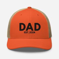 DAD HAT for a proud New Dad. Gift this awesome hat to your own Father or to your husband/boyfriend that is a brand-new Dad. They will wear it proudly! One Size * 60% cotton, 40% polyester * Mid-profile cap with a low-profile embroidery area * Structured, six-panel cap * 3.5″ crown (8.9 cm) * Hard buckram front panels * Mesh back * Permacurv® visor, matching undervisor * Plastic adjustable closure * Head circumference: 21⅝″-23⅝″ (54.9 cm-60 cm) * Blank product sourced from Vietnam or Bangladesh Design size and placement on hat may vary slightly. The image shown is a mockup only. Items are made to order so I cannot accept returns at this time. Please contact me with any questions. Feel free to reach out if you would like this hat customized/personalized. Customizable Flat Brim Trucker Hat Gift, Customizable Flat Brim Baseball Cap For Gift, Customizable Flat Brim Baseball Cap As Gift, Customizable Flat Brim Baseball Cap Gift, Personalized Hats For Father's Day, Father's Day Gift Snapback Hat With Curved Brim, Flat Bill Hats For Father's Day Gift, Father's Day Gift Flat Bill Hat, Personalized Dad Hat With Curved Bill For Gift