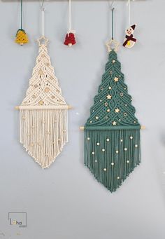 two wall hangings with christmas decorations on them and one has a crochet tree ornament