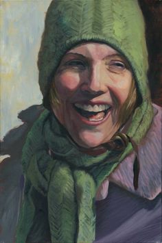 a painting of a woman wearing a green hat and scarf with a smile on her face