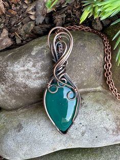 Green Onyx teardrop wrapped in oxidized copper wire to give it an antique look. Pendant is 3 inches tall and 1 inch tall. Comes with a free chain! Green Onyx Jewelry, Oxidized Copper, Green Onyx, Wrapped Pendant, Jewelry Maker, Wire Wrapped Pendant, Copper Jewelry, Copper Wire, Wire Jewelry