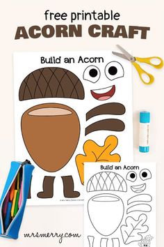 an acorn craft with scissors and crayons to make it look like the acorn character