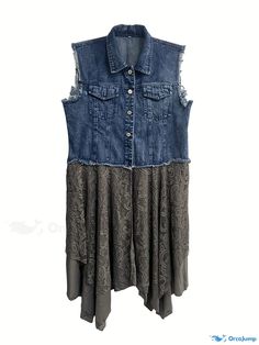 Orcajump - Lace High Low Trim Denim Vest Dress, Flap Pockets Raw Hem Lady Distressed Vest Dress, Women's Denim & Clothing Denim Clothing, Denim Outfit, Denim Vest, Vest Dress, Flap Pocket, Denim Women, High & Low, High Low, Trim