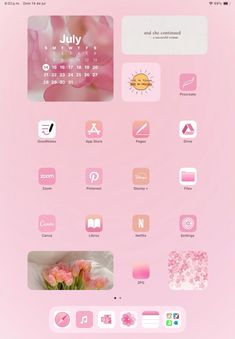 a pink wallpaper with various icons and symbols on it's side, including the calendar