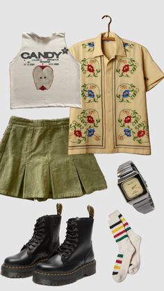 an assortment of children's clothing and accessories