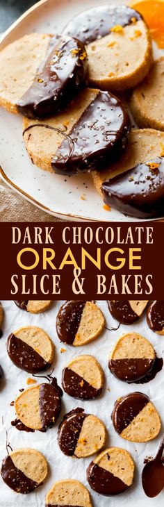 chocolate orange slices and baked crackers on a plate with text overlay that reads, dark chocolate orange slices and baked crackers