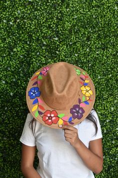 This women's hat is hand embroidered in Mexico. Adjustable Wide Brim Hand Painted Hats, Hand Painted Hat With Short Brim, Hand Painted Hats With Short Brim, Hand Painted Short Brim Hat, Hand Painted Brown Wide Brim Hat, Multicolor Hand Painted Hat With Curved Brim, Adjustable Hand Painted Brimmed Hat, Brown Hand Painted Short Brim Hat, Handmade Adjustable Felt Cap