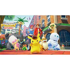 the pikachu returns movie poster is displayed in front of a building with many characters