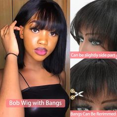 16 Inch Straight Bob Wig Human Hair With Bangs None Lace Wig Brazilian Human Hair Full Machine Made Fringe Wig, Side Part Bob, Bob Human Hair Wigs, Human Hair Wigs With Bangs, Straight Bob Wig, Short Straight Bob, Brazilian Remy Hair, Straight Bob, Bob Wig