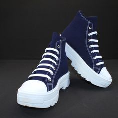 Freshened Style, Elevated Platform For Added High, Very Stylish, Blue With White Toe Cap. -High-Top Style. - Elements Of The Sneakers Are High Quality, That Brings Confort. -Canvas Upper Is Lightweight And Durable. -Stylish Silhouette You Will Come To Love. -Tall Platform Sole For Added Height. -Lace-Up Style For Adjustable Fit. -Cushioning Confort For All-Day Use. -Many Sizes -Women Sneakers We Do Fast Shipping And Local Delivery Blue Lace-up High-top Sneakers With Vulcanized Sole, Blue Lace-up Platform Sneakers With Vulcanized Sole, Trendy Blue Platform Sneakers With Round Toe, Blue Lace-up Platform Sneakers, Navy Round Toe Canvas Shoes For Streetwear, Blue Vulcanized Sole Lace-up Canvas Shoes, Blue Lace-up Canvas Shoes With Vulcanized Sole, Blue Lace-up Canvas Shoes With Rubber Sole, Blue Lace-up Canvas Shoes