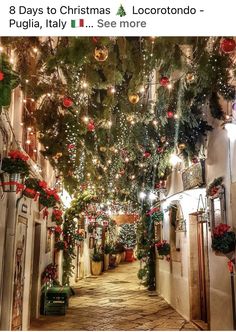 an alley with christmas decorations and lights hanging from it's ceiling is featured on instagram